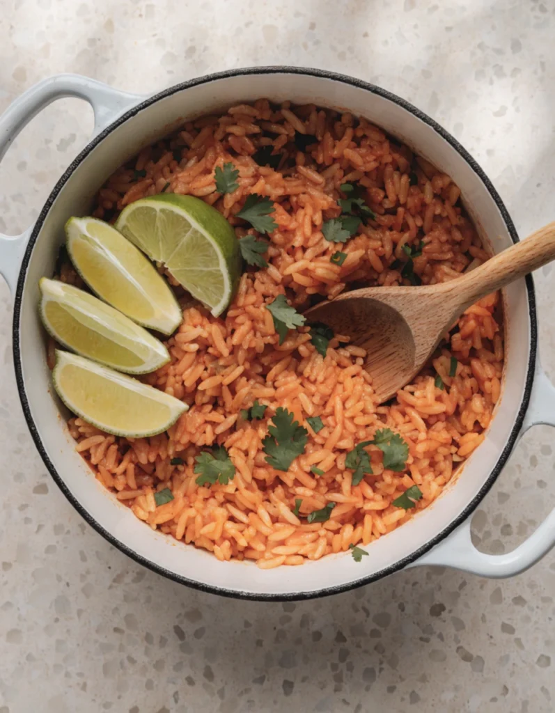 Fluffy Mexican rice served and garnished with cilantro and lime