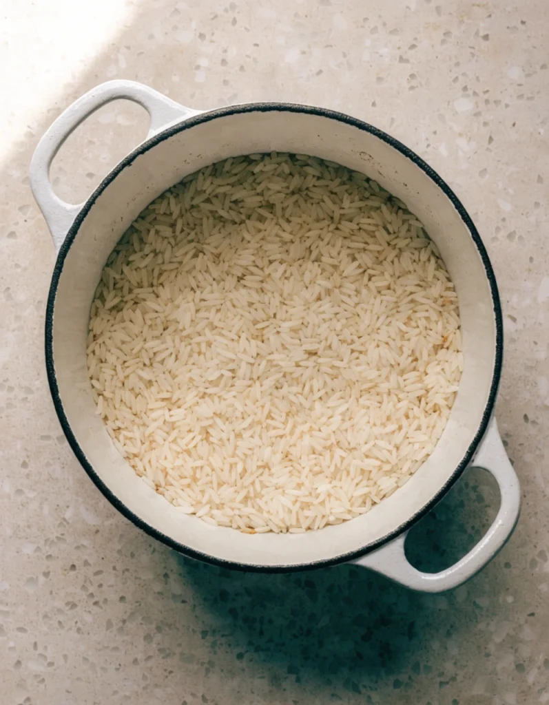 Rice in a dutch oven being toasted