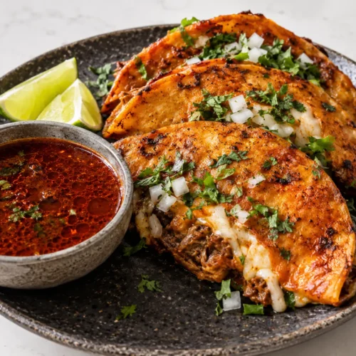 Chicken Birria Tacos with melted cheese pull and red consommé dipping sauce on slate serving board