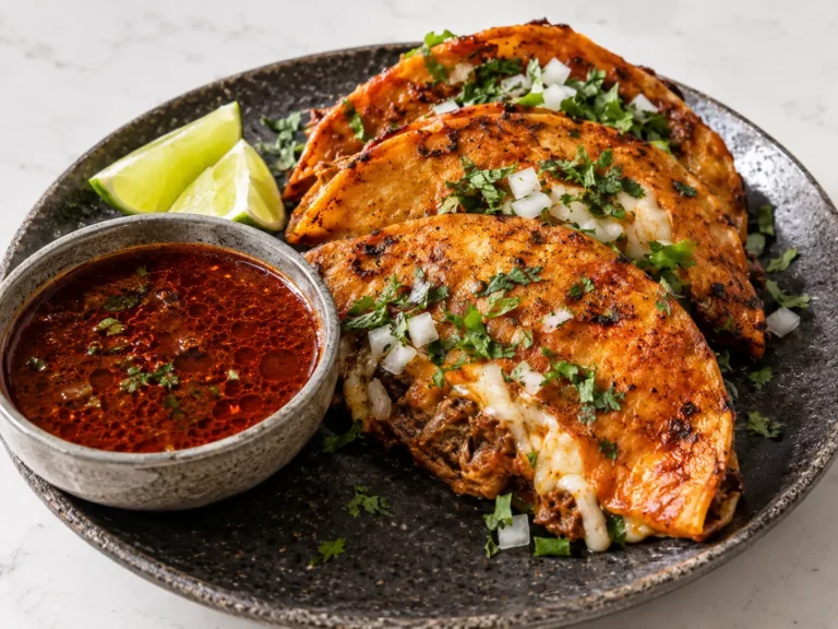 Chicken Birria Tacos with melted cheese pull and red consommé dipping sauce on slate serving board
