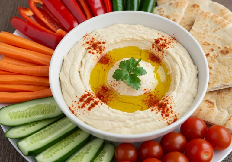 Creamy hummus recipe without tahini served in a bowl with olive oil and paprika