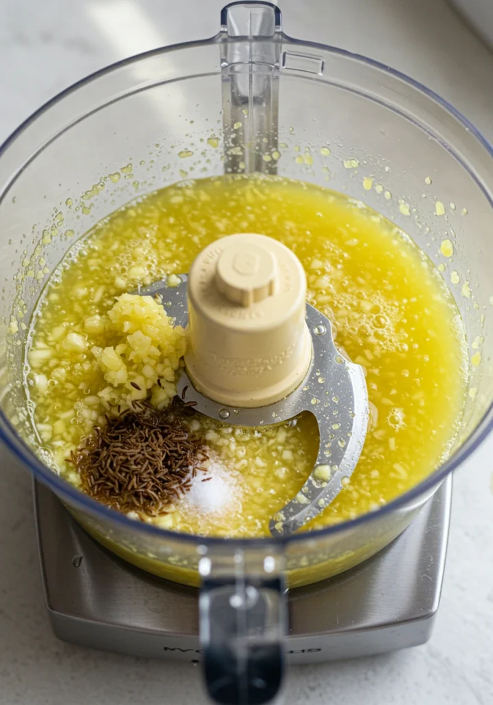 Blending chickpeas to prepare hummus without tahini in a food processor