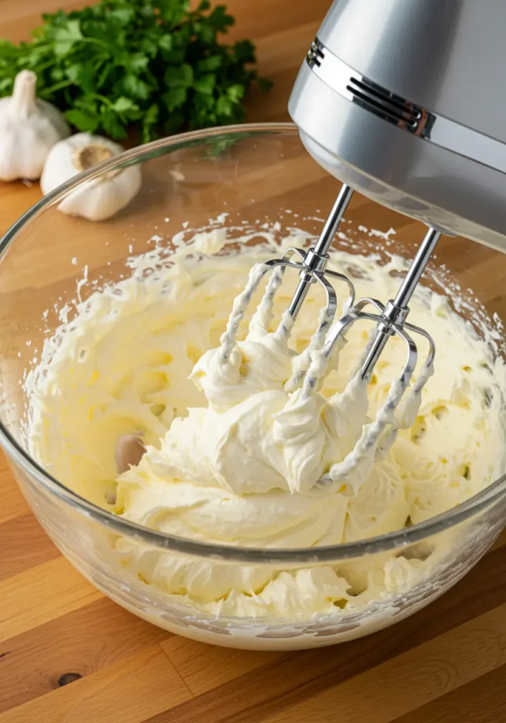 Electric hand mixer whipping cream cheese and butter into fluffy mixture for boursin cheese recipe