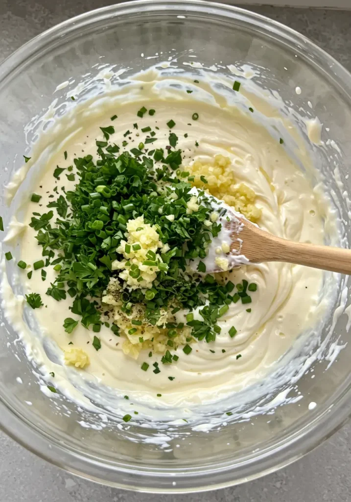 Fresh chopped chives, parsley, garlic and seasonings being folded into cream cheese base for boursin cheese recipe