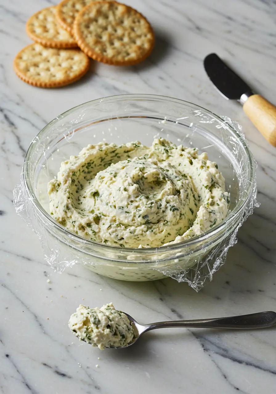 Completed boursin cheese recipe covered and resting to develop flavors before serving