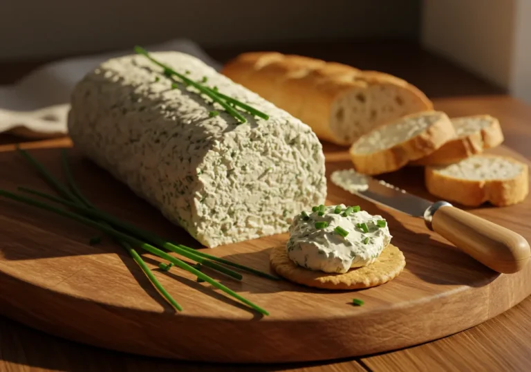 Homemade boursin cheese recipe served on wooden cheese board with crackers and fresh herb garnish