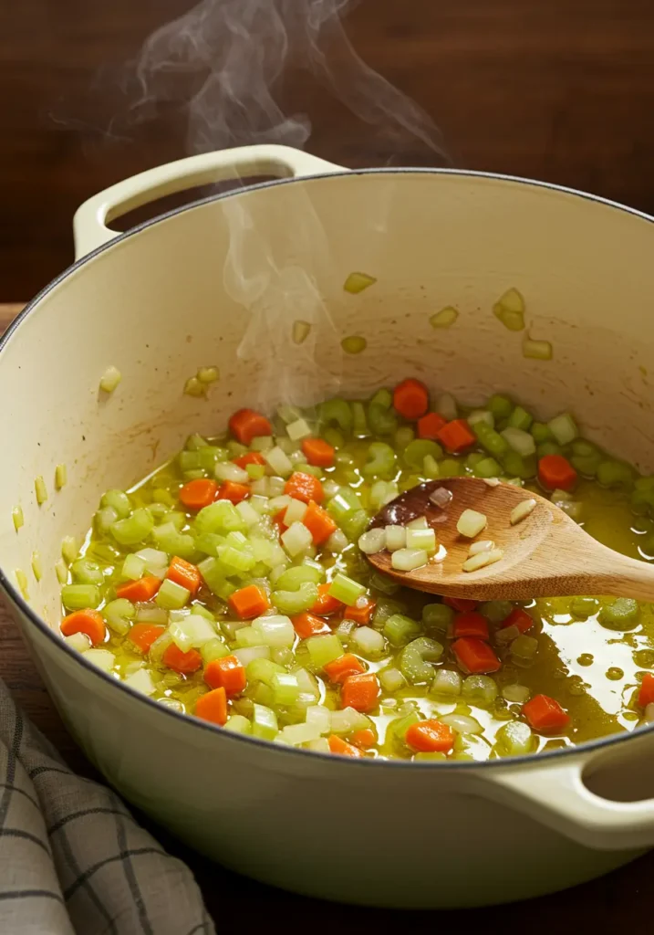 Close-up of soffritto vegetables cooking in olive oil for traditional italian pasta fagioli recipe showing diced onions, carrots, and celery