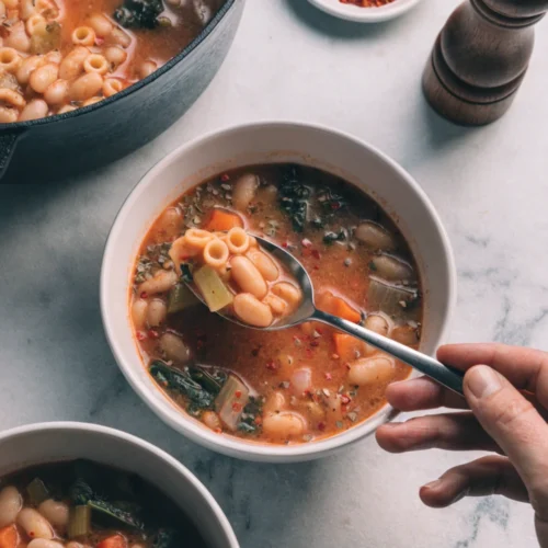 final serving of traditional italian pasta fagioli recipe