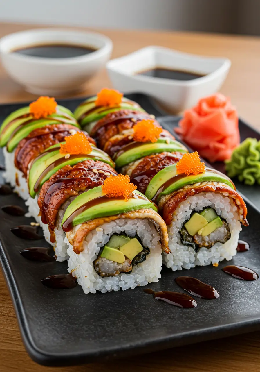 Global Recipes : Plated dragon sushi rolls with eel sauce drizzle, soy sauce, wasabi, and pickled ginger
