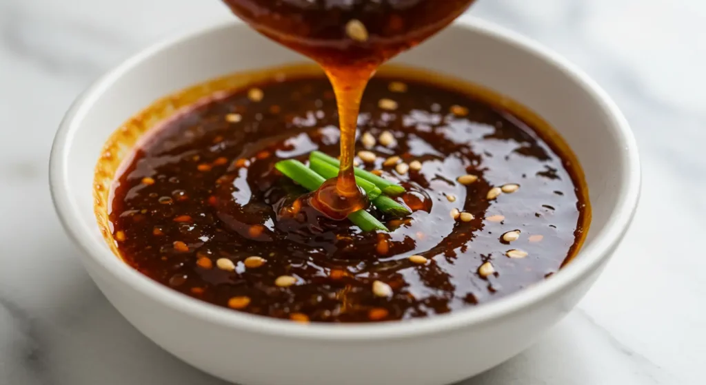 Glossy homemade bibimbap sauce recipe in white ceramic bowl showing rich reddish-brown Korean sauce texture