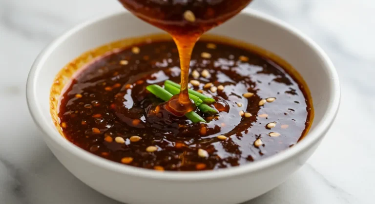 Glossy homemade bibimbap sauce recipe in white ceramic bowl showing rich reddish-brown Korean sauce texture