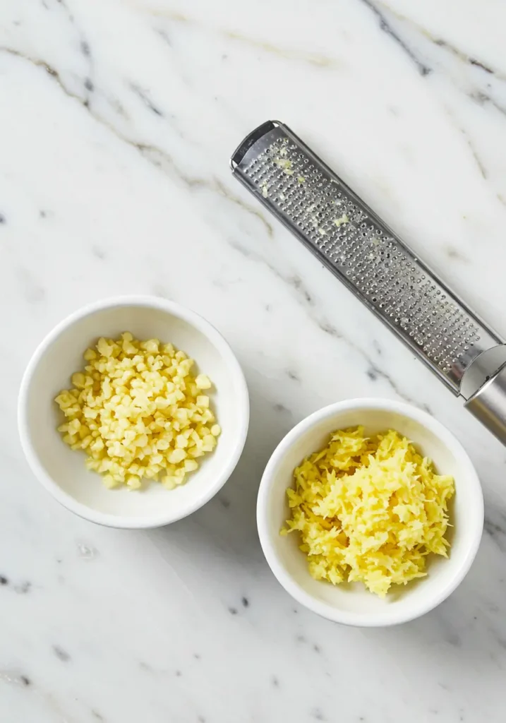 Minced garlic and grated ginger prepped for Korean bibimbap sauce recipe with microplane grater on marble countertop
