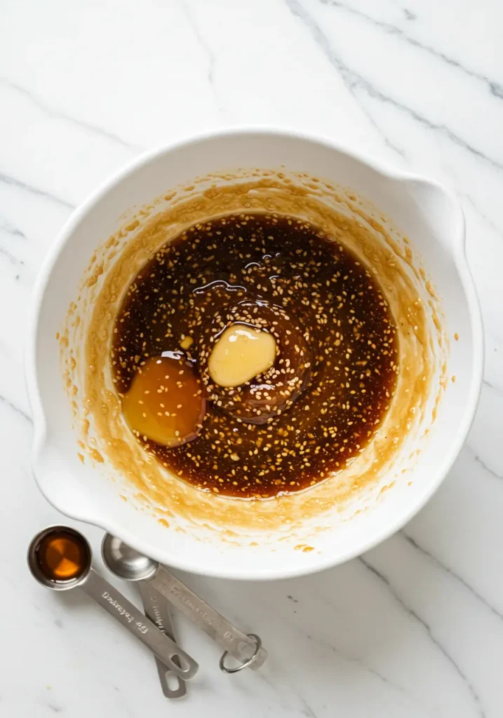 Rice vinegar, sesame oil, and honey added to bibimbap sauce recipe mixture creating glossy Korean sauce consistency