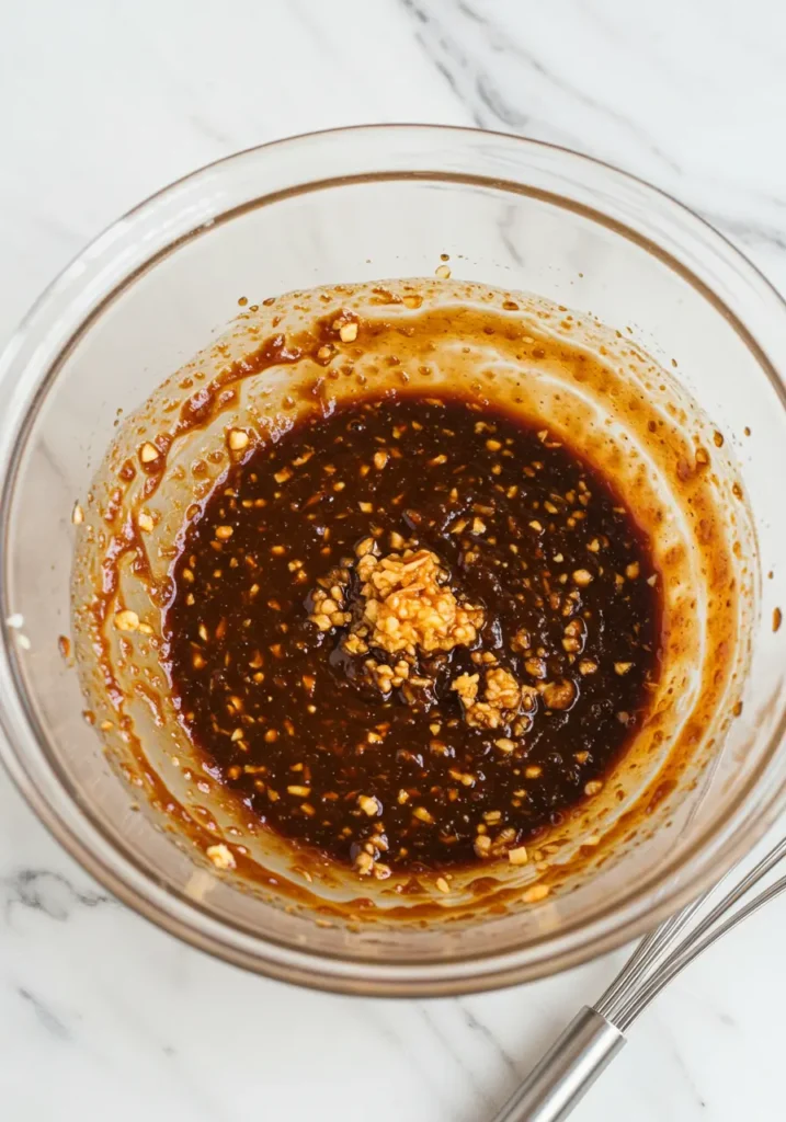 Minced garlic and grated ginger incorporated into bibimbap sauce recipe showing traditional Korean sauce preparation