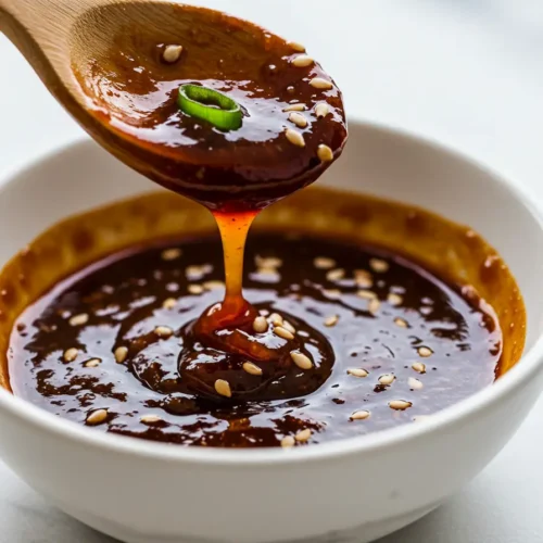 Global Recipes : Finished 15-minute bibimbap sauce recipe showing perfect glossy texture and rich reddish-brown color in ceramic bowl