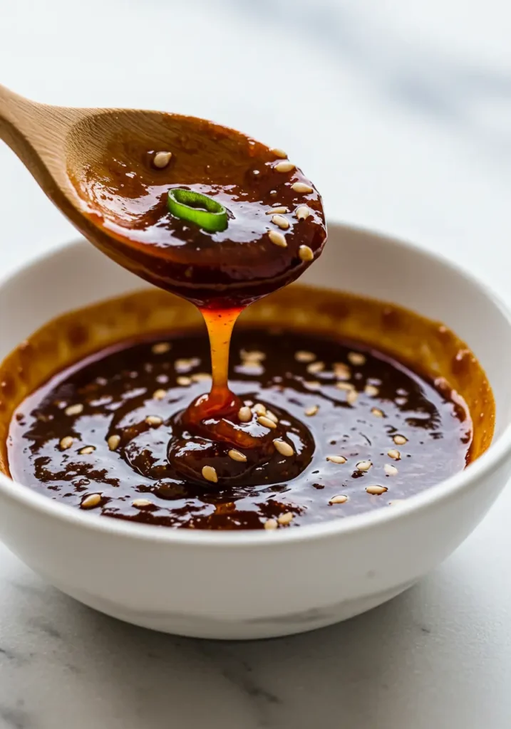 Global Recipes : Finished 15-minute bibimbap sauce recipe showing perfect glossy texture and rich reddish-brown color in ceramic bowl