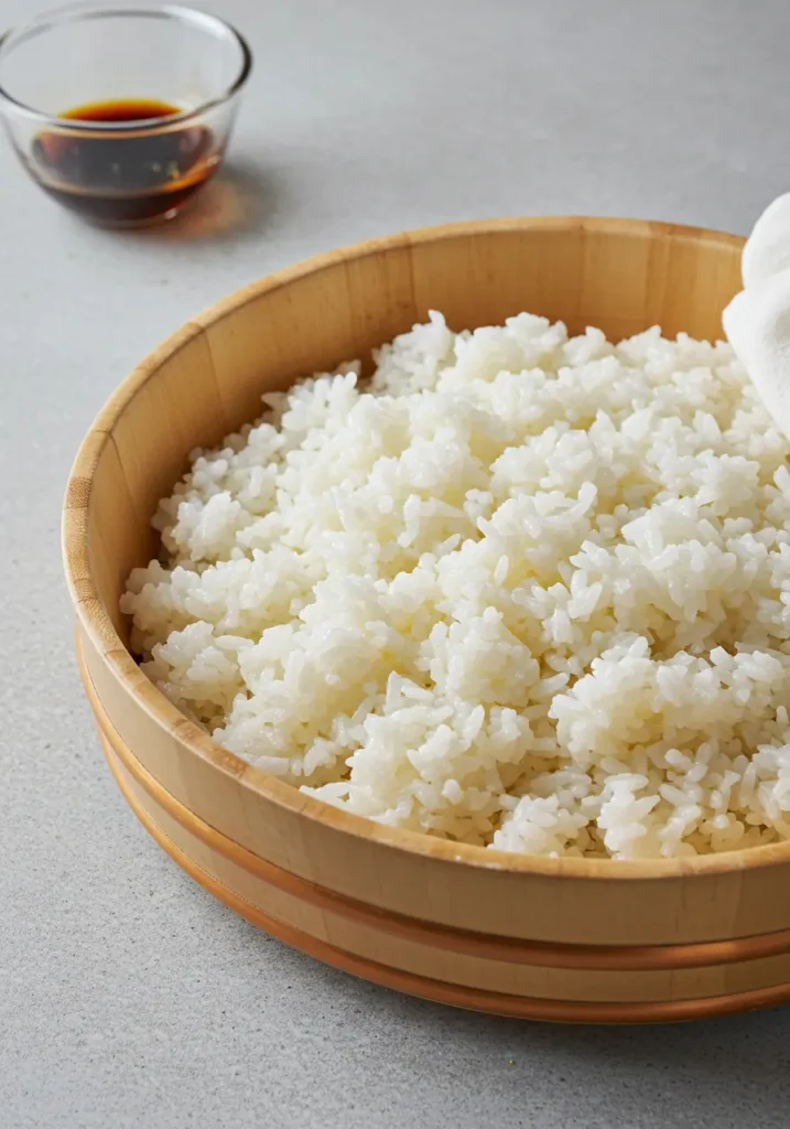 Seasoned sushi rice in wooden bowl covered with damp cloth for making dragon rolls