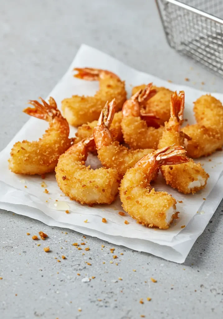 Golden crispy tempura fried shrimp on paper towel for dragon sushi rolls filling