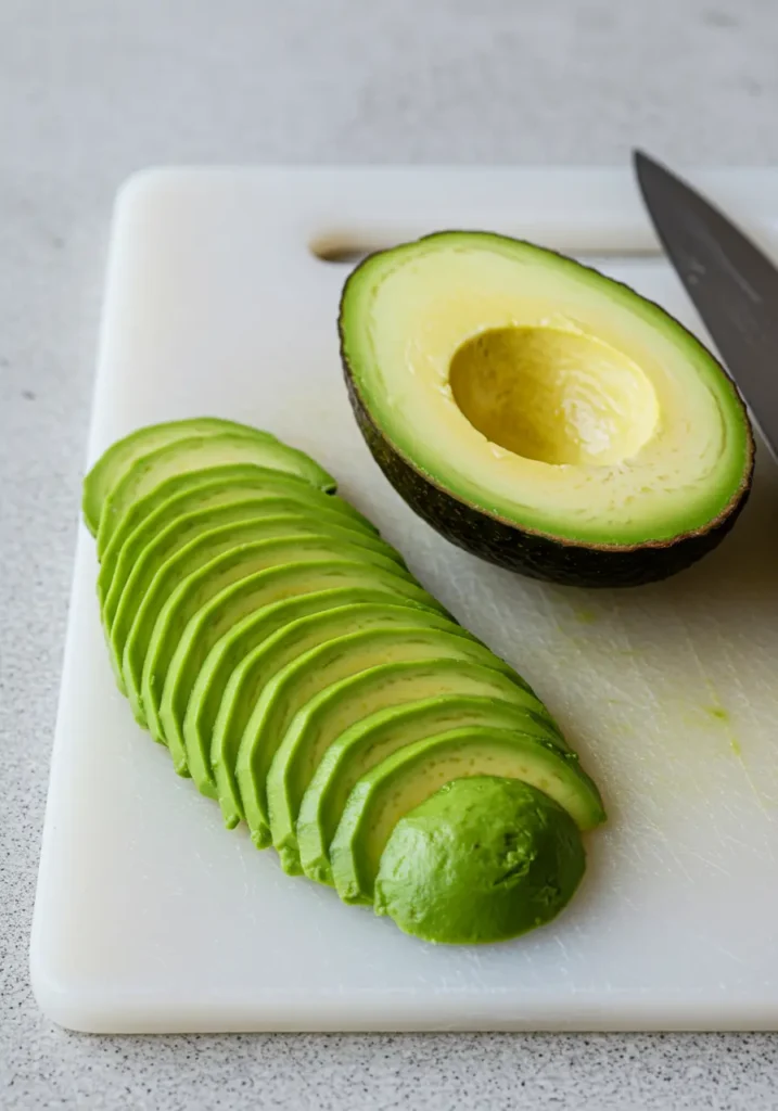 Thinly sliced avocado fanned out on cutting board for dragon sushi roll topping