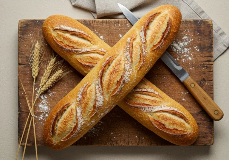 Two golden sourdough baguettes from this sourdough baguette recipe displayed on rustic wooden cutting board with wheat stalks and flour dusting