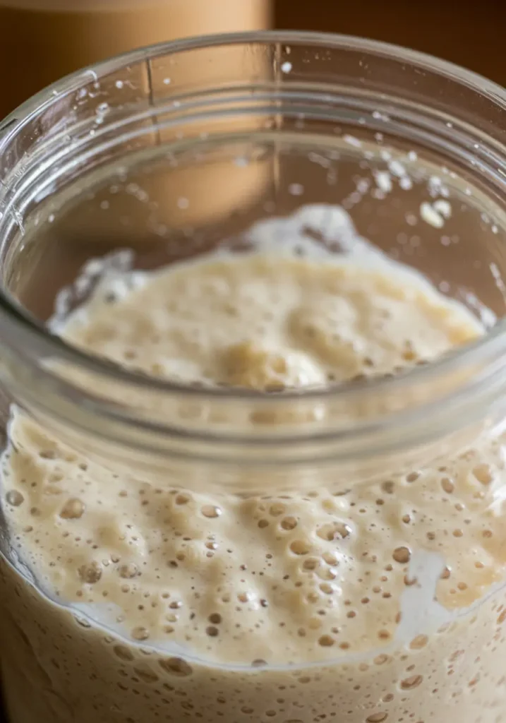 Close-up of active bubbly sourdough starter essential for this sourdough baguette recipe showing proper fermentation