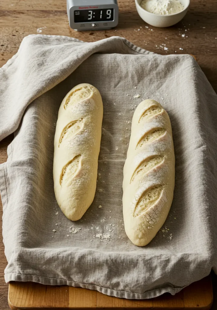 Two sourdough baguettes proofing on linen couche cloth following sourdough baguette recipe fermentation process