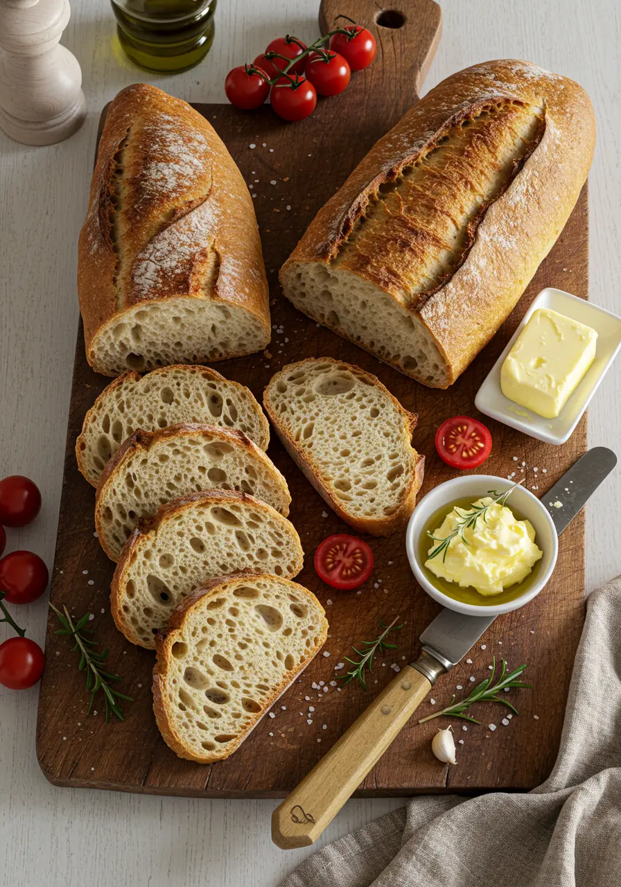 Artisanal presentation of sliced sourdough baguettes from sourdough baguette recipe served on wooden board with butter