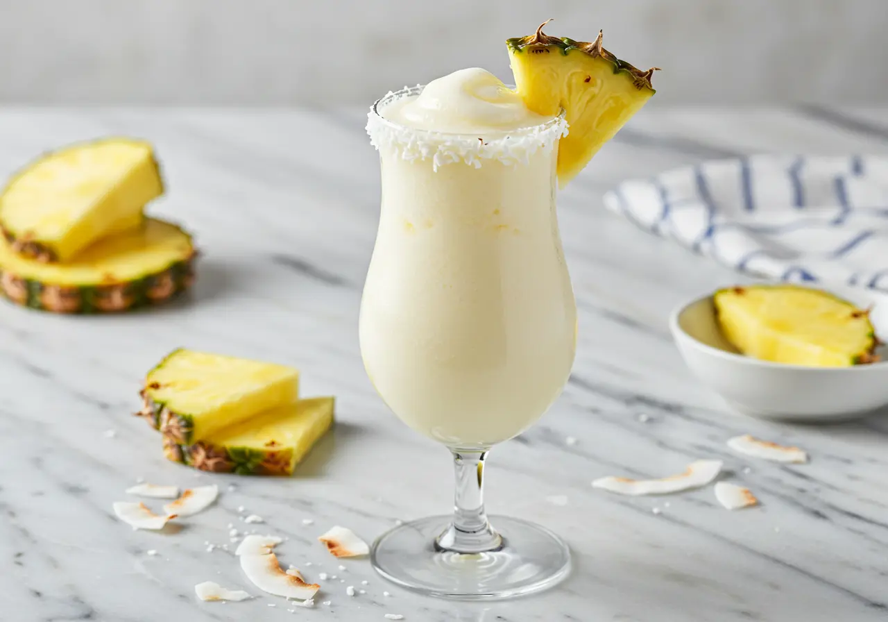 Virgin pina colada recipe result in hurricane glass with pineapple garnish and coconut flakes on marble countertop with tropical background