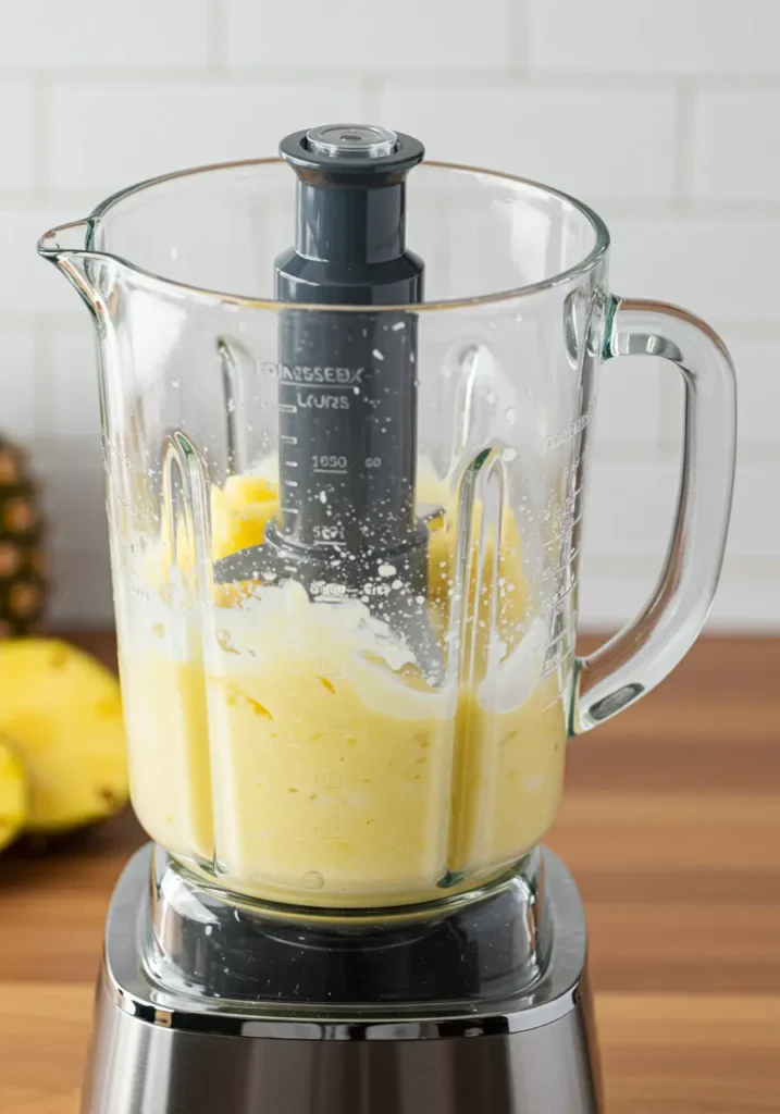 Virgin pina colada recipe step 1 showing coconut cream and pineapple blending in high-speed blender with creamy mixture visible