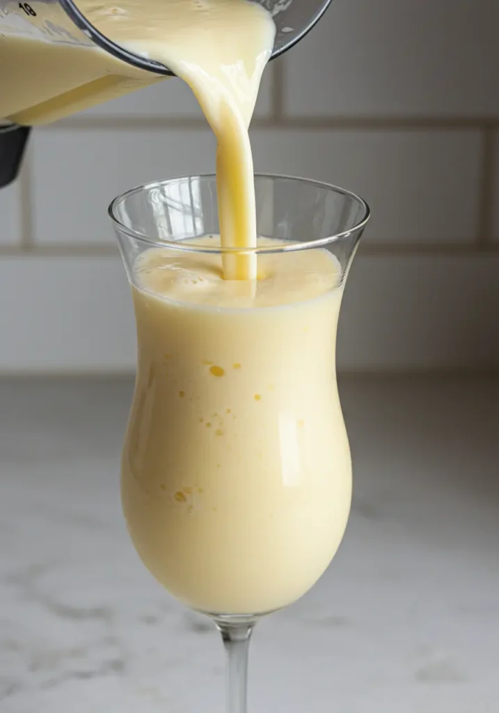 Virgin pina colada recipe perfect thick creamy consistency being poured from blender into glass showing ideal texture