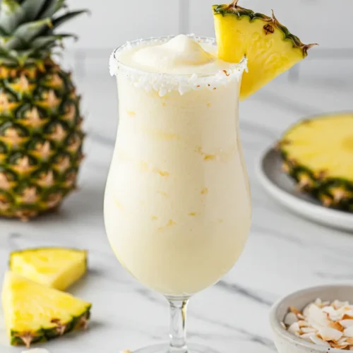 Virgin pina colada recipe final result showing two tropical drinks in hurricane glasses with pineapple garnish on bamboo tray