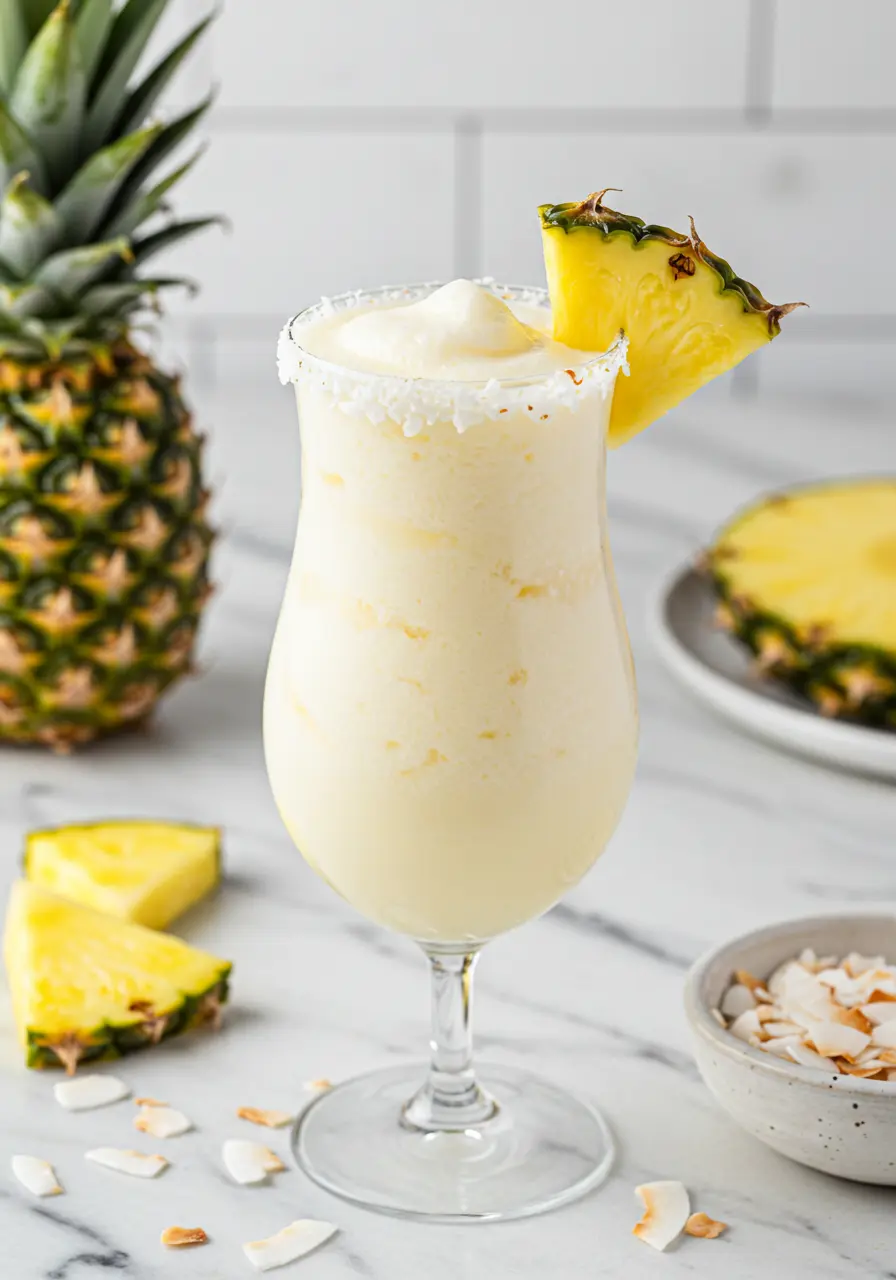 Virgin pina colada recipe final result showing two tropical drinks in hurricane glasses with pineapple garnish on bamboo tray