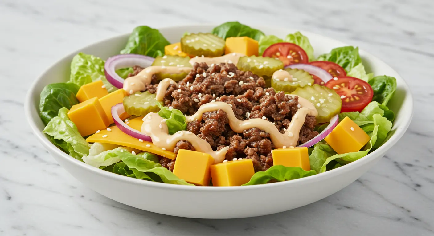 Close-up of a delicious big mac salad in a white bowl featuring seasoned ground beef, fresh lettuce, cheddar cheese cubes, cherry tomatoes, and special sauce drizzle