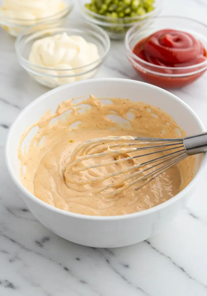 Homemade big mac salad special sauce being mixed in white bowl with mayonnaise, ketchup, mustard, and pickle relish ingredients visible