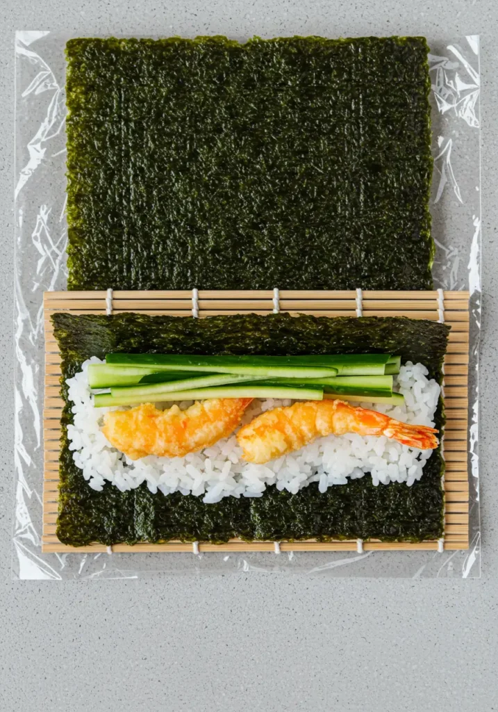 Inside-out sushi roll with tempura shrimp and cucumber filling on bamboo mat