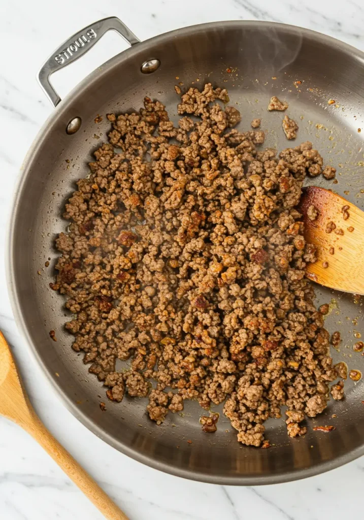 Perfectly browned seasoned ground beef cooking in skillet for big mac salad recipe showing golden caramelized texture