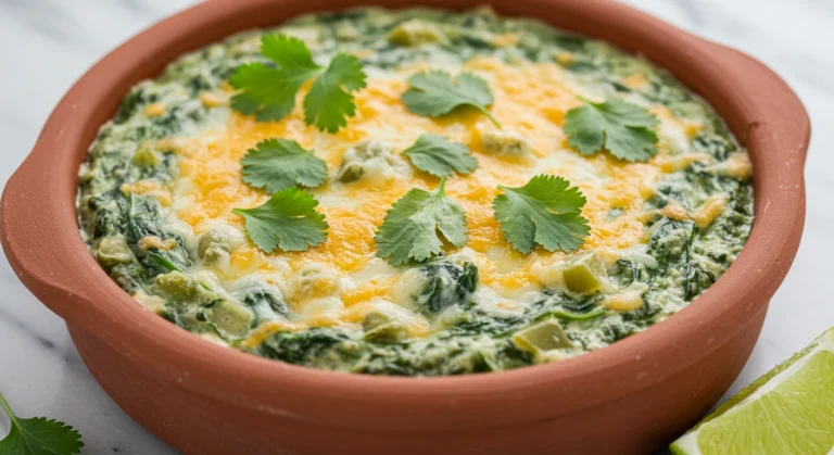 Mexican style Knorr spinach dip recipe in terracotta bowl topped with melted cheese, cilantro, and lime garnish on marble surface