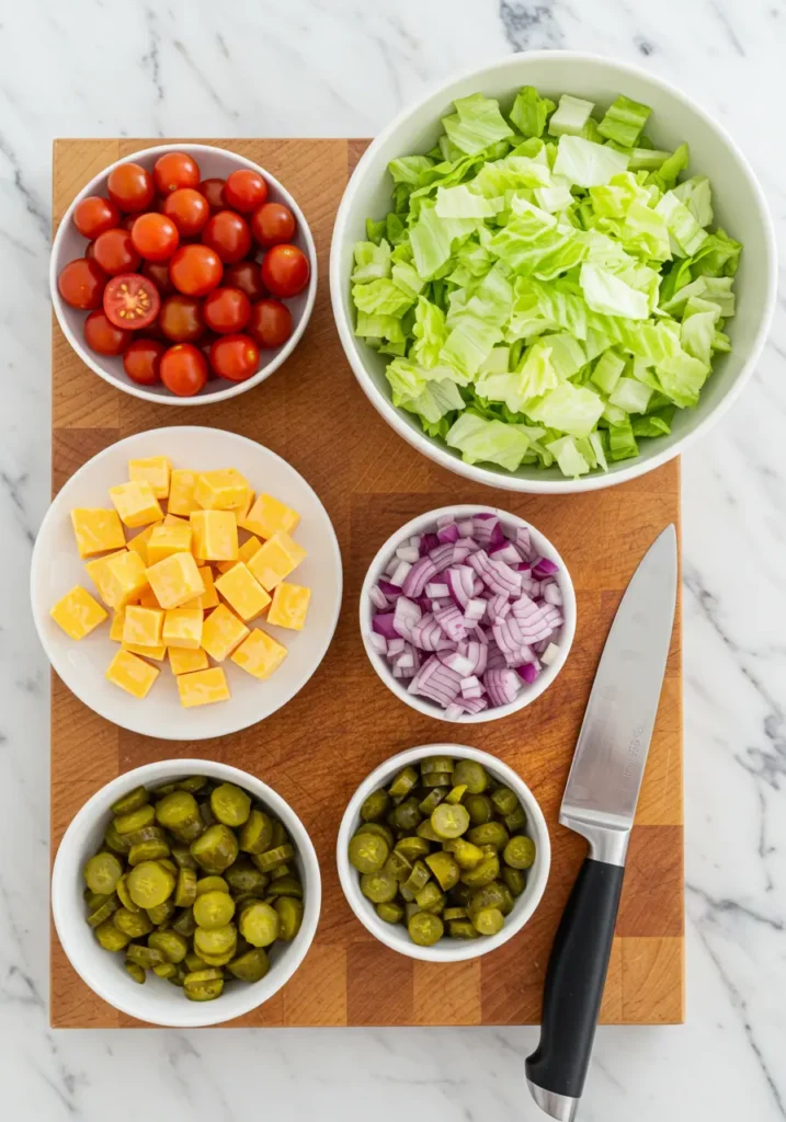 Fresh vegetables prepped for big mac salad including chopped iceberg lettuce, diced cheddar cheese, cherry tomatoes, red onions, and pickles