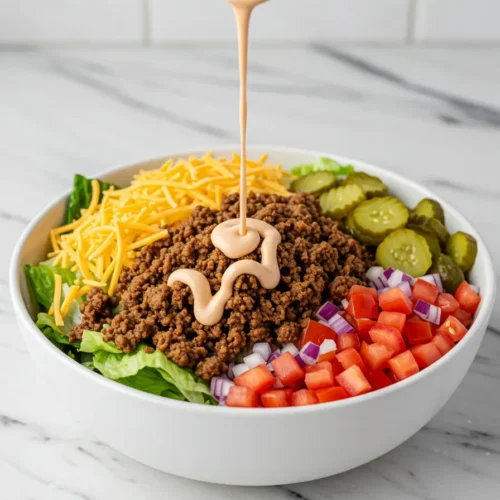 Big mac salad being assembled in white bowl with layers of lettuce, beef, cheese, vegetables, and special sauce being drizzled on top