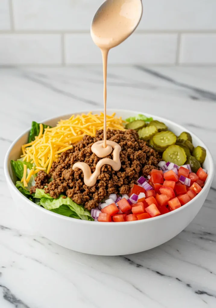 Big mac salad being assembled in white bowl with layers of lettuce, beef, cheese, vegetables, and special sauce being drizzled on top