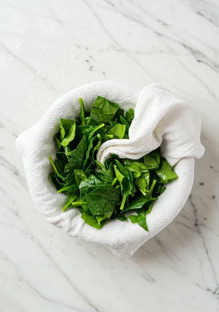 Draining frozen spinach in kitchen towel for Knorr spinach dip recipe to prevent watery texture