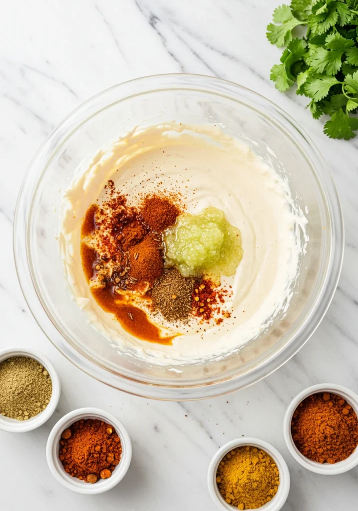 Adding Mexican spices including cumin, paprika and lime juice to Knorr spinach dip recipe mixture