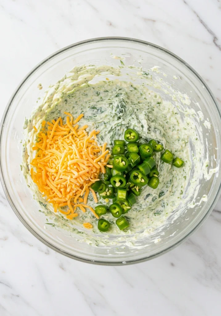 Folding spinach, green chiles and Mexican cheese into creamy Knorr spinach dip recipe mixture