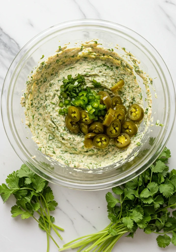 Adding fresh cilantro and jalapeños to Mexican style Knorr spinach dip recipe for authentic flavor