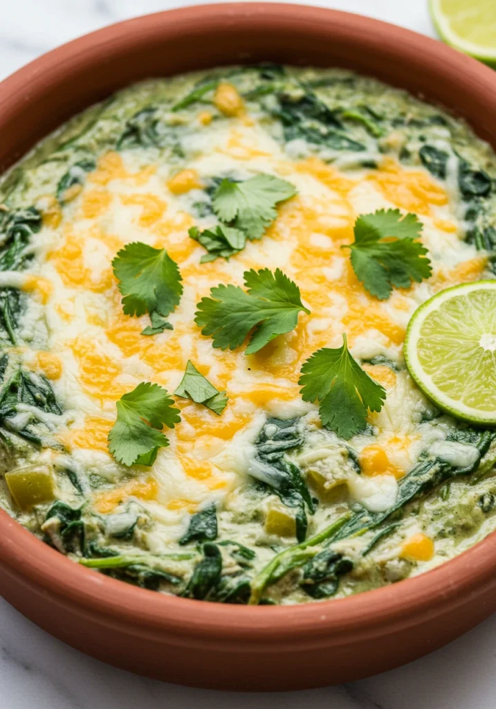 Finished Mexican Knorr spinach dip recipe served in bowl with tortilla chips, lime wedge and cilantro garnish