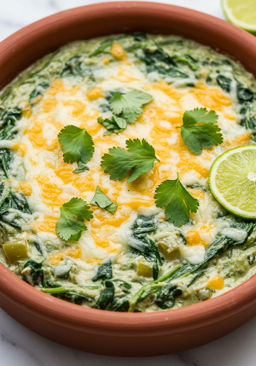 Finished Mexican Knorr spinach dip recipe served in bowl with tortilla chips, lime wedge and cilantro garnish