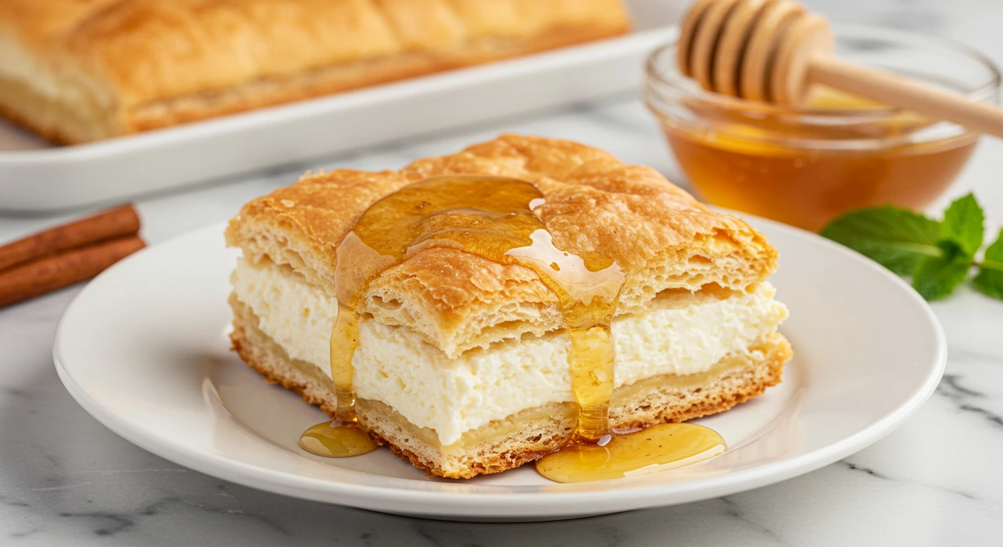 Golden sopapilla cheesecake square with honey drizzle showing flaky pastry layers and creamy filling