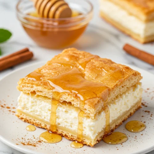 Global Recipes Single serving sopapilla cheesecake square with honey drizzle on white ceramic plate