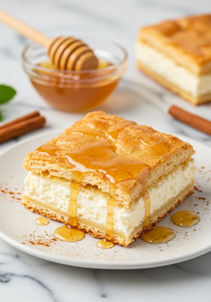 Global Recipes Single serving sopapilla cheesecake square with honey drizzle on white ceramic plate