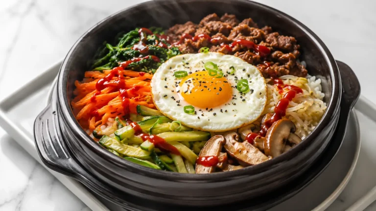 Korean bibimbap recipe in stone bowl with colorful vegetables, fried egg, beef, and gochujang sauce